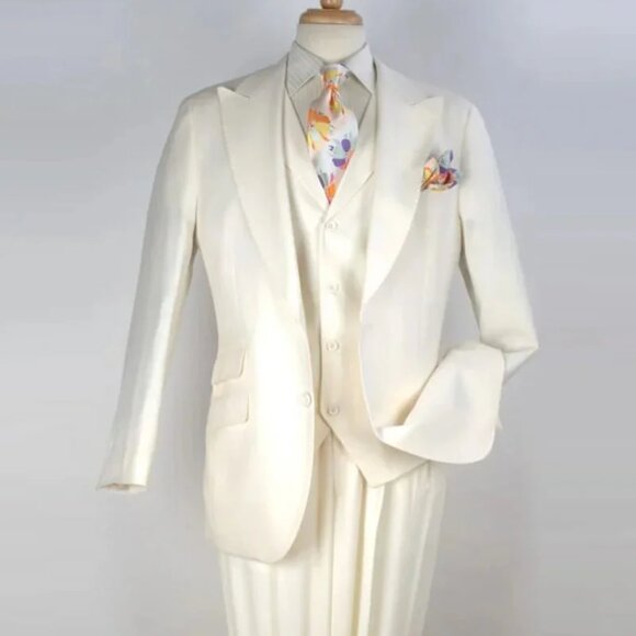 Mens White Wide Peak Lapel Vested Suit inMerino Wool